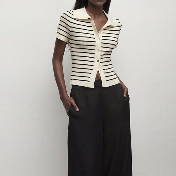 Apricot Casual Women's Lapel Striped Button Knitted Sweater - Picture 7 of 7